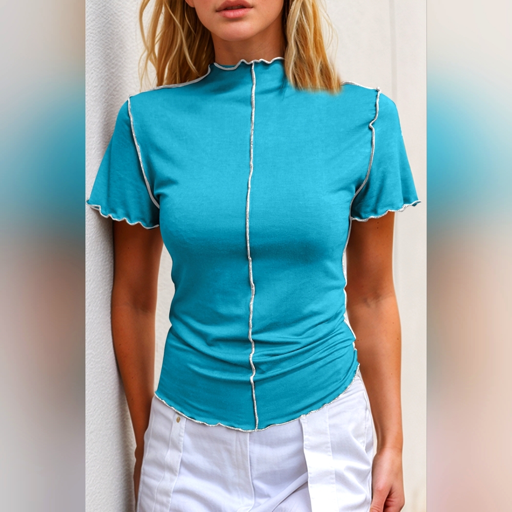 Basic Bae Contrast Trim Mock Neck Short Sleeve T-Shirt